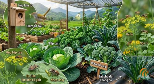 M&ocirc; h&igrave;nh vườn rau kết hợp thi&ecirc;n địch, trồng xen canh thảo mộc v&agrave; bạt phủ đất để kiểm so&aacute;t s&acirc;u bắp cải